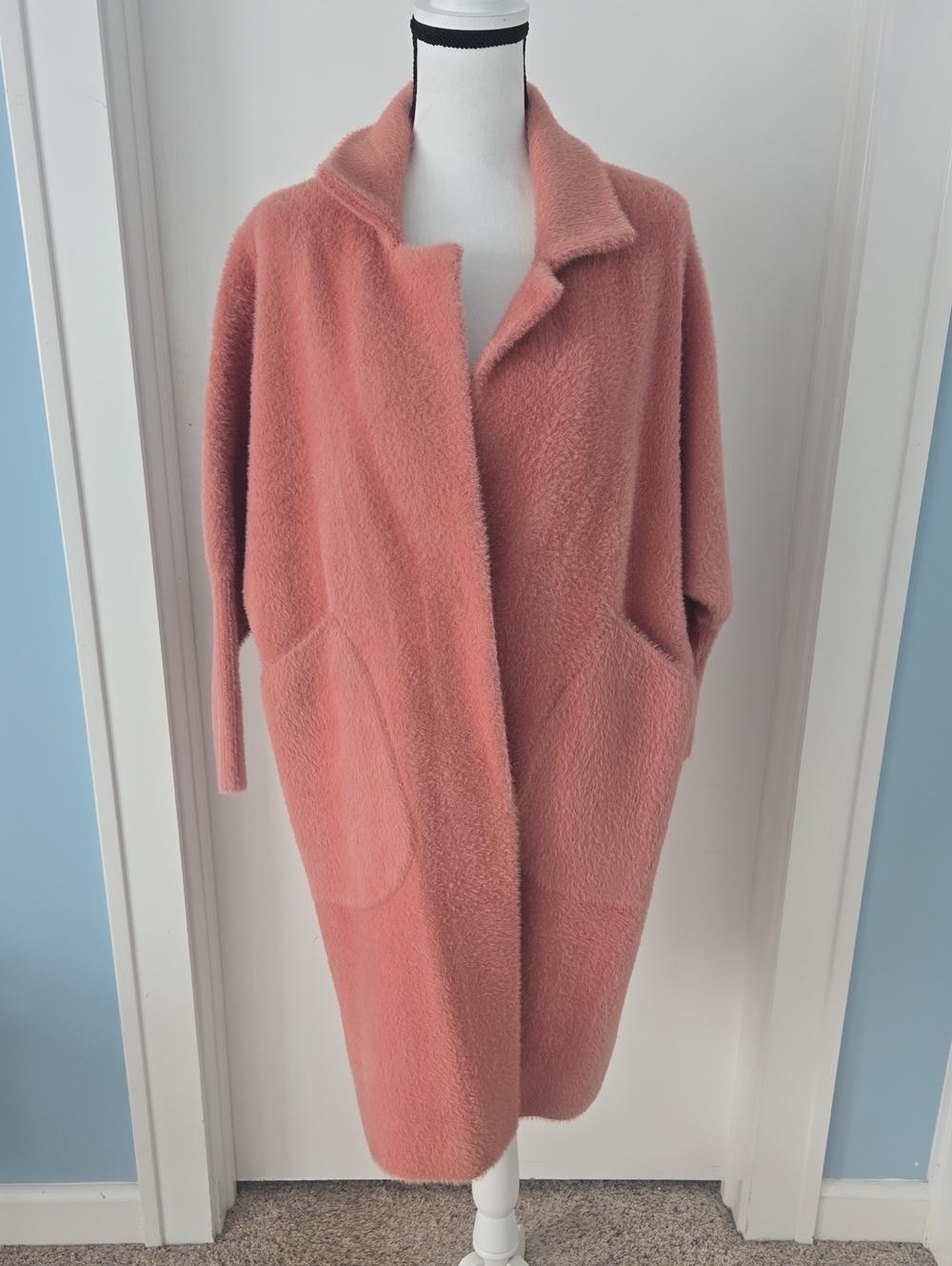Women’s Long Hairy Brushed Plush Coat Jacket Dusty Rose Pink Oversized Soft L